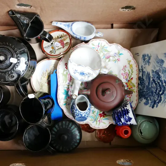 box; teapot, cups, bowls etc