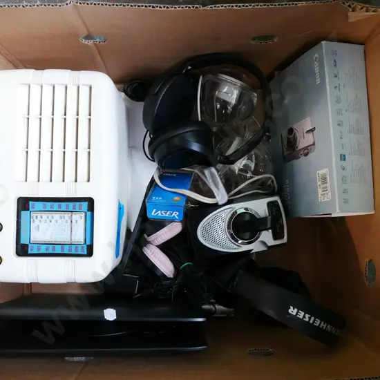 box; headphones, digital camera, speakers, DVD player, Bell mantle radio -missing knobs