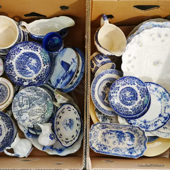 2x boxes of blue and white china; plates, jugs etc