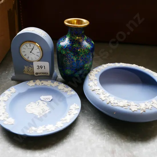 Jasperware bowl, ashtray, mantle clock, cloisonne vase -all small