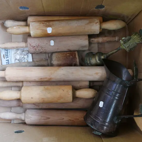 box; tin jug, brass bell etc