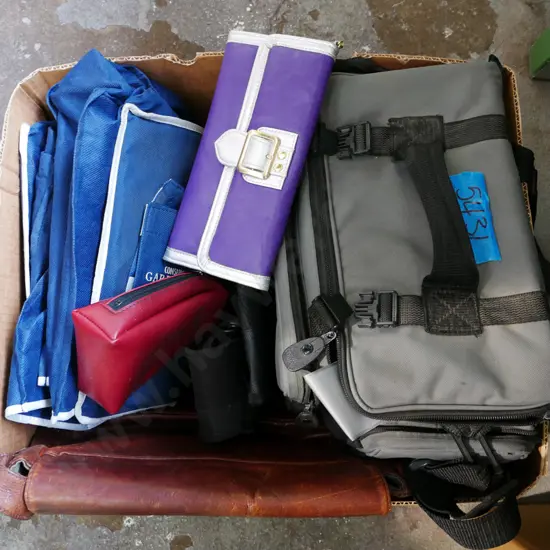 box; camera bags, leather satchel, clutch purses etc