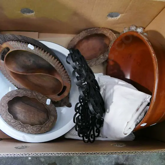 box; wooden bowls, ceramic bowl etc