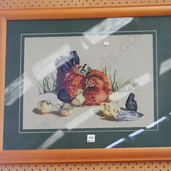 framed needlework - hen and chicks