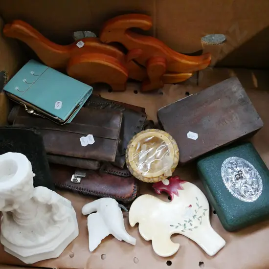 box; wallets, trinket boxes, small alabaster bird bath etc