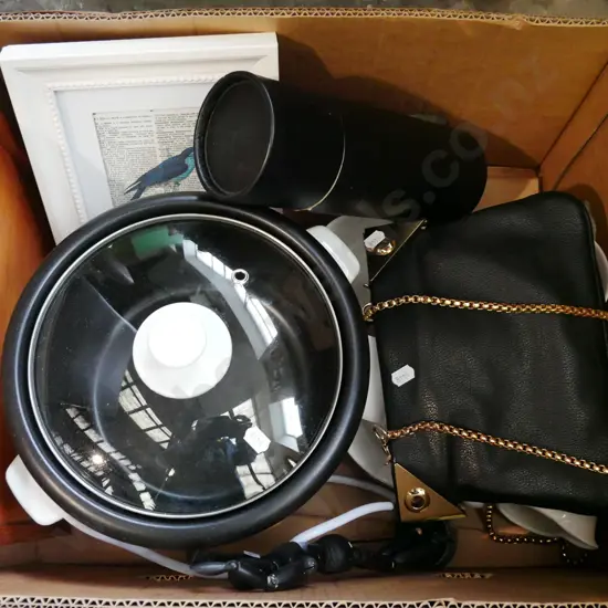 box; slow cooker, purse, drink bottle etc