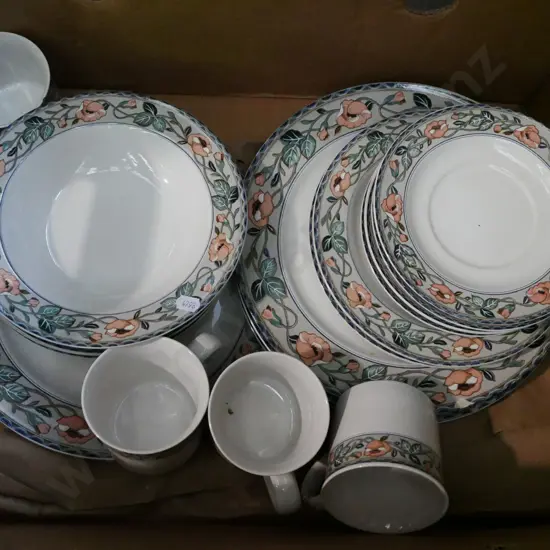 box; dinner items; cups, bowls, plates etc