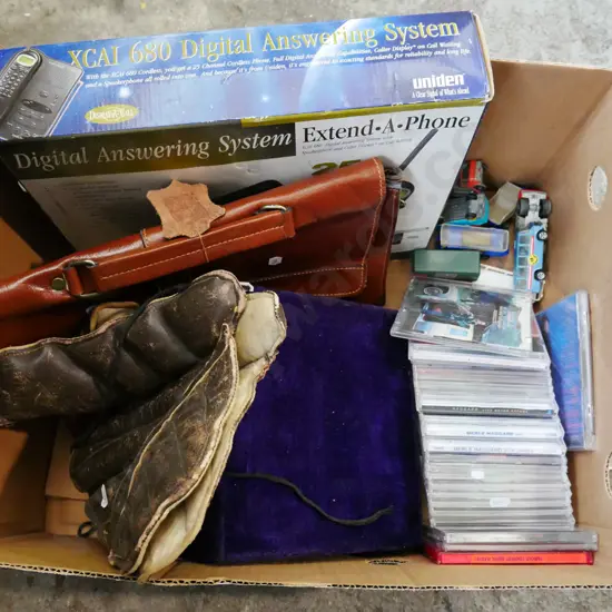 box; country and western CDs, vintage rugby head ware, answer phone etc