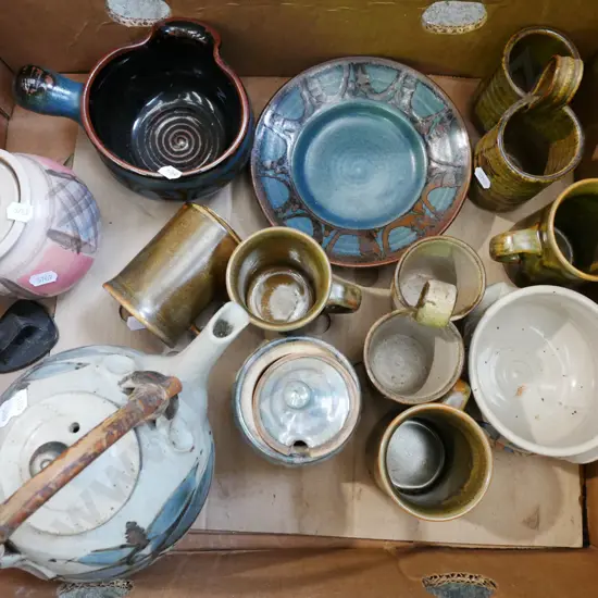 box; Temuka coffee cans, pottery teapots etc