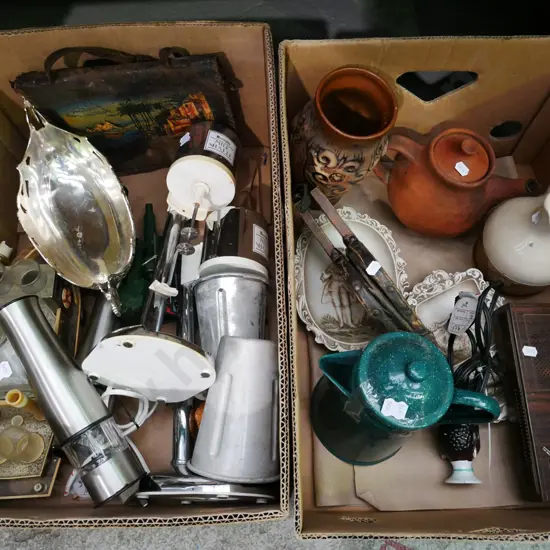 2x boxes; icecream maker, electric salt and pepper grinders, enamel coffee pot, radio cassette player etc - green dots