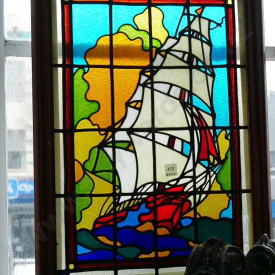 hanging galleon themed leadlight window H-670 W-480