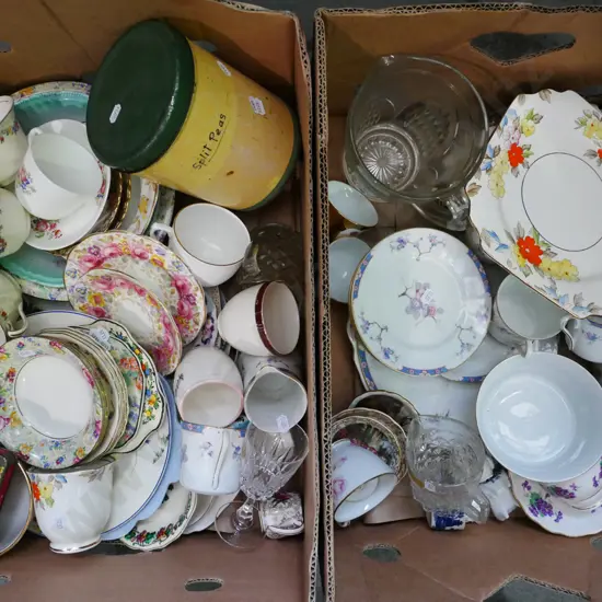 2 boxes; cups, saucers, plates, jugs, tin etc