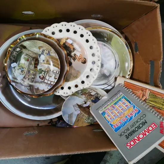 box; cabinet plates, cookbooks