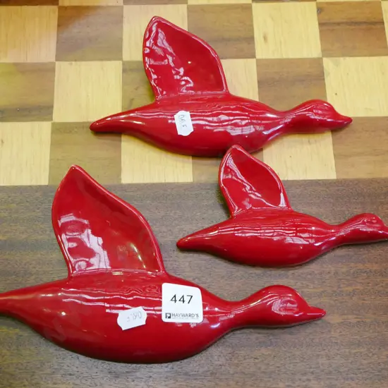 3x red ceramic wall mounted birds