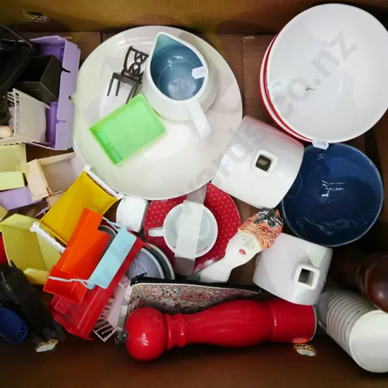 box; plastic dollshouse furniture, plates, bowls etc