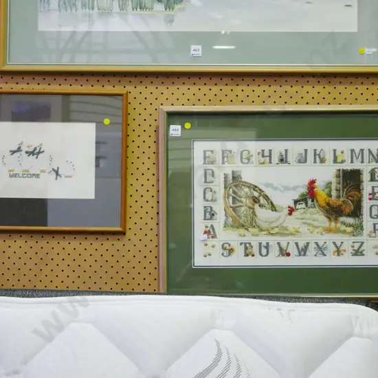 2x framed needleworks - poultry -yellow dots