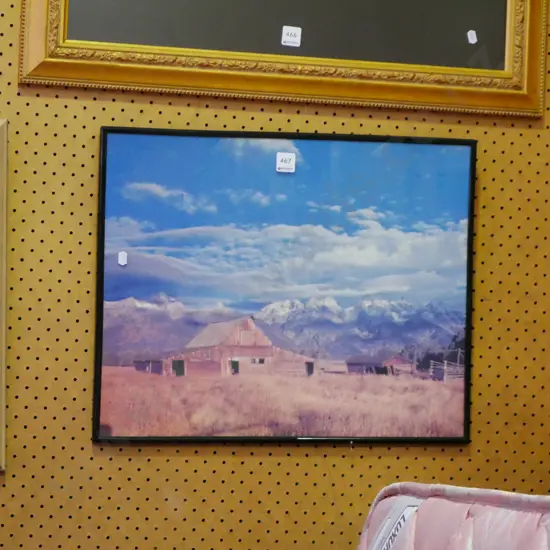 framed photo print - wool shed and mountains