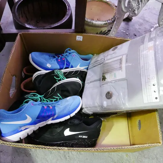 box; various shoes, sneakers, pair of as-new curtains