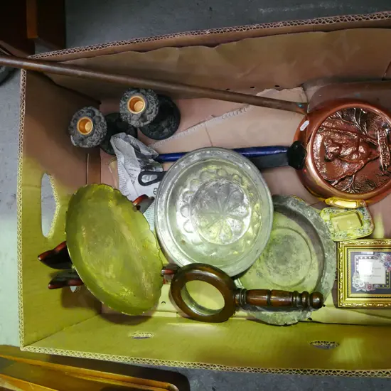 box; hand held mirror, Chinese brass bowl, copper jelly moulds, candlesticks etc