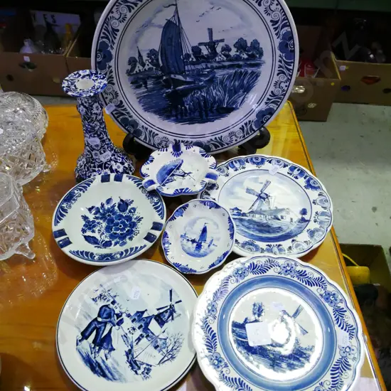 Delft plates, ashtray, calico candlestick