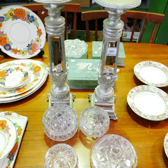 crystal trinket boxes, 2x composite and mirror candlesticks