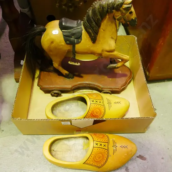 box; wooden toy horse on casters, pair of clogs