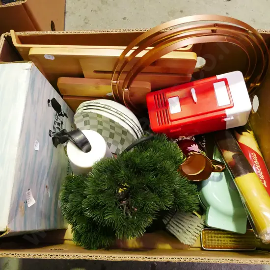 box; bowls, faux bonsai tree, clothes brushes etc