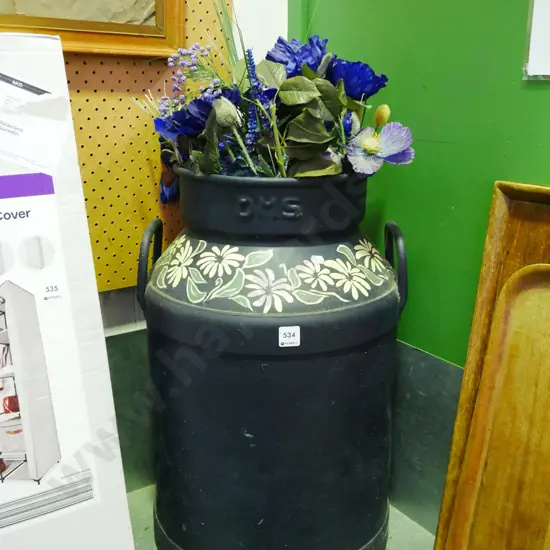 hand painted milk pail, faux flowers