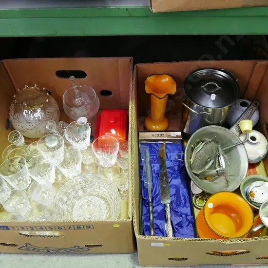 2x boxes; glasses, carving set, canister etc - yellow dots