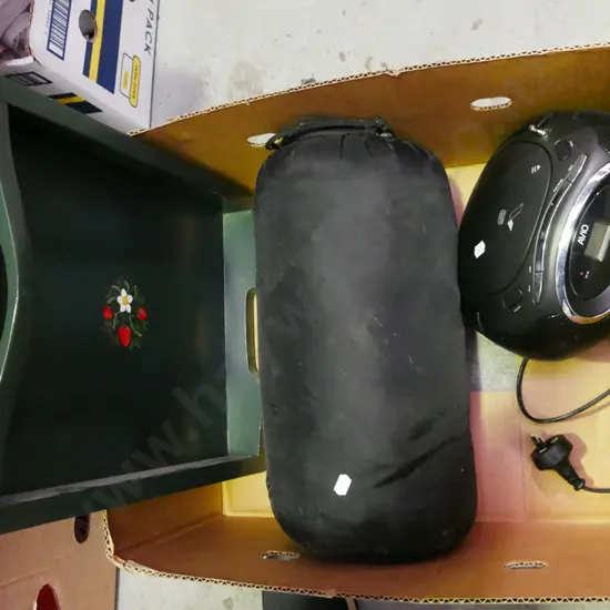 box; hand painted tray, sleeping bag, radio CD player