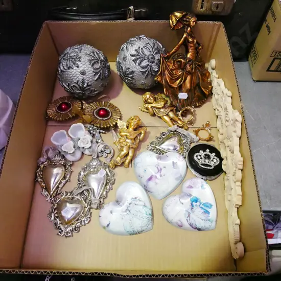 box; ornamental balls, cherub figurines etc