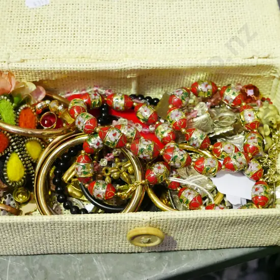 small cane lidded box and costume jewellery