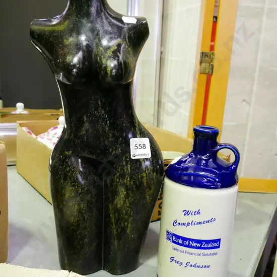 carved stone female figurine H-400, stoneware port bottle