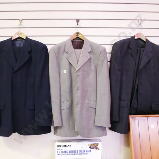 3x gents suits - blue, grey, fawn - green dots