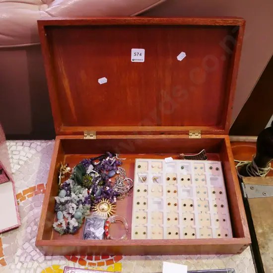 wooden lidded box and contents; costume jewellery