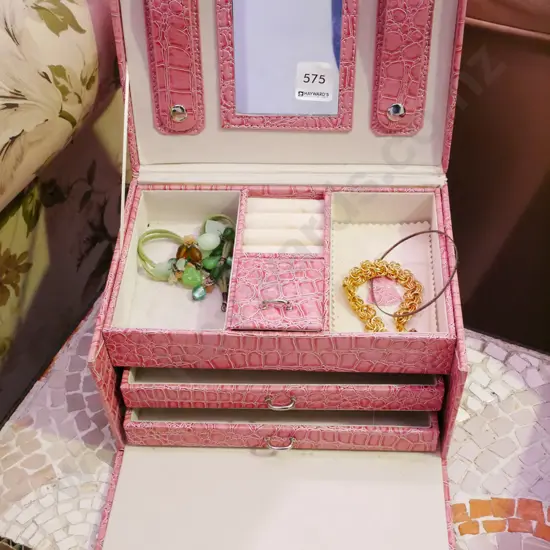 faux snakeskin jewellery box (slight fading) and some contents