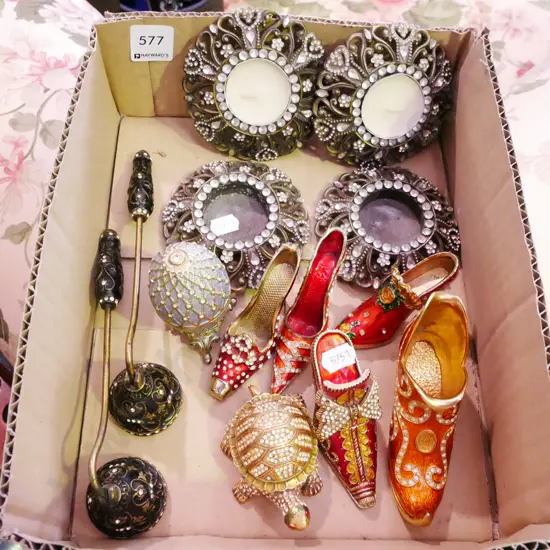 box; candle snuffers, ornamental shoes etc