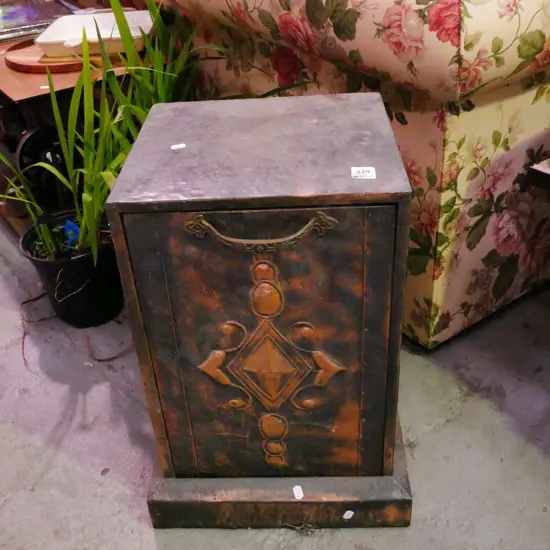 beaten copper drop front coal bin