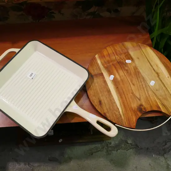 as-new cast iron enamel skillet , chopping board