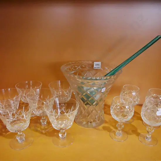shelf of glass ware; glasses, vase, art glass bud vase