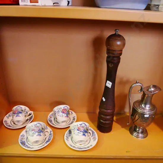 tall pepper grinder, plated jug, 4x floral Masons cups and saucers