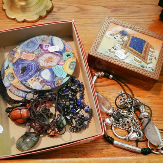 tray of costume jewellery, box with polished stone pendant