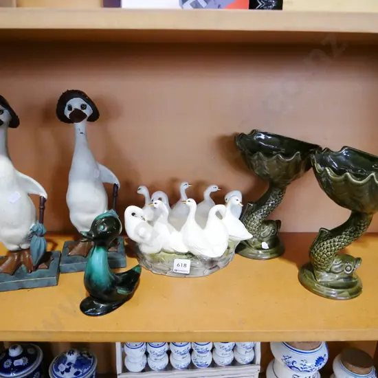 fish themed comports, duck figurines, swan float bowl
