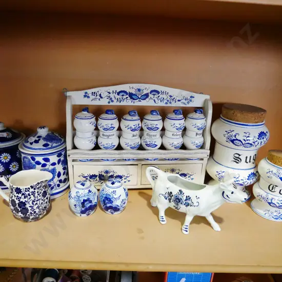blue and white china; spice rack, storage canisters etc
