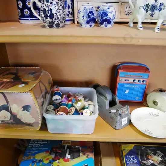 shelf; sewing box, threads, sellotape dispenser etc