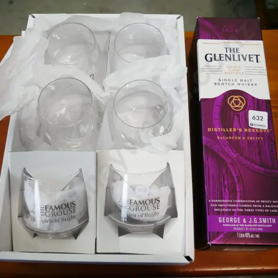bottle of The Glenlivet and 6 Famous Grouse whisky glasses