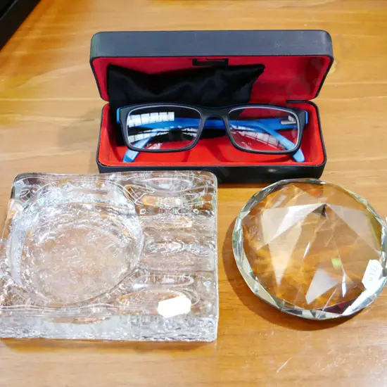 glass ashtray, paperweight, Quicksilver prescription glasses