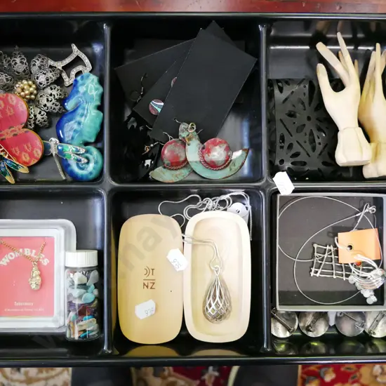 plastic tray, earrings, necklaces, brooches etc