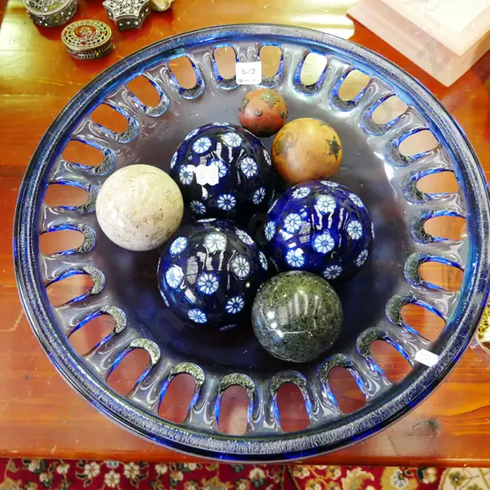 large glass fruit bowl, decorative balls