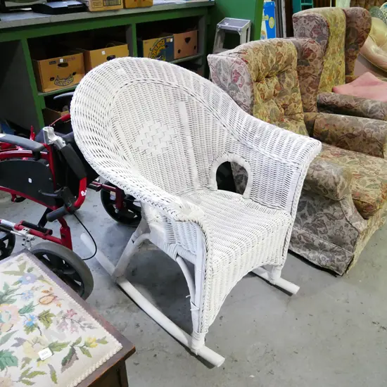 white painted cane rocking chair